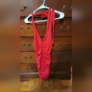 Red Smooth Halter Scrunched Dress